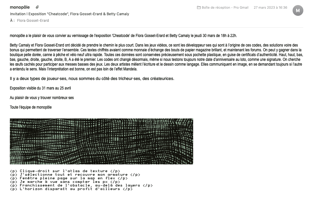 2023, Sentiers battus, signature du mail d’invitation de monopôle à l’exposition, GIF et poème